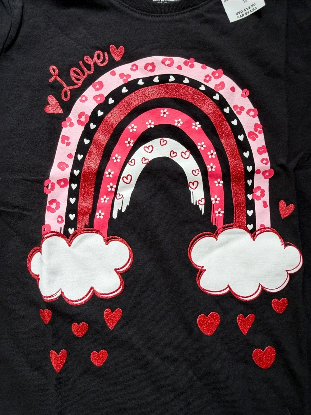 The Children's Place Black Tee with Pink & Red Rainbow Hearts Valentine's Day